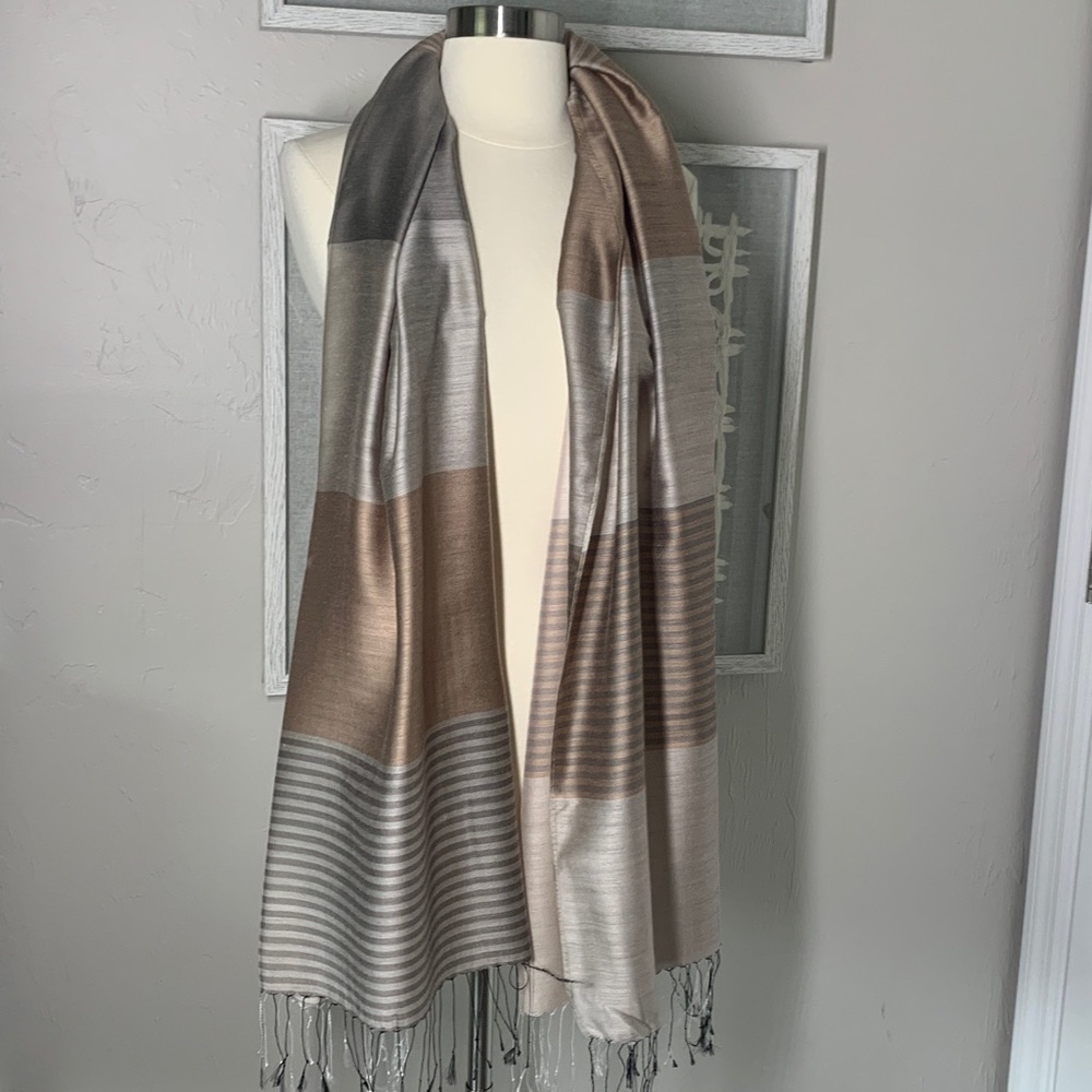 Tan and gray striped color blocked silk and viscose blend scarf/ shawl